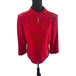 St. John Collection Vibrant Red Blazer Leather and Gold Accent